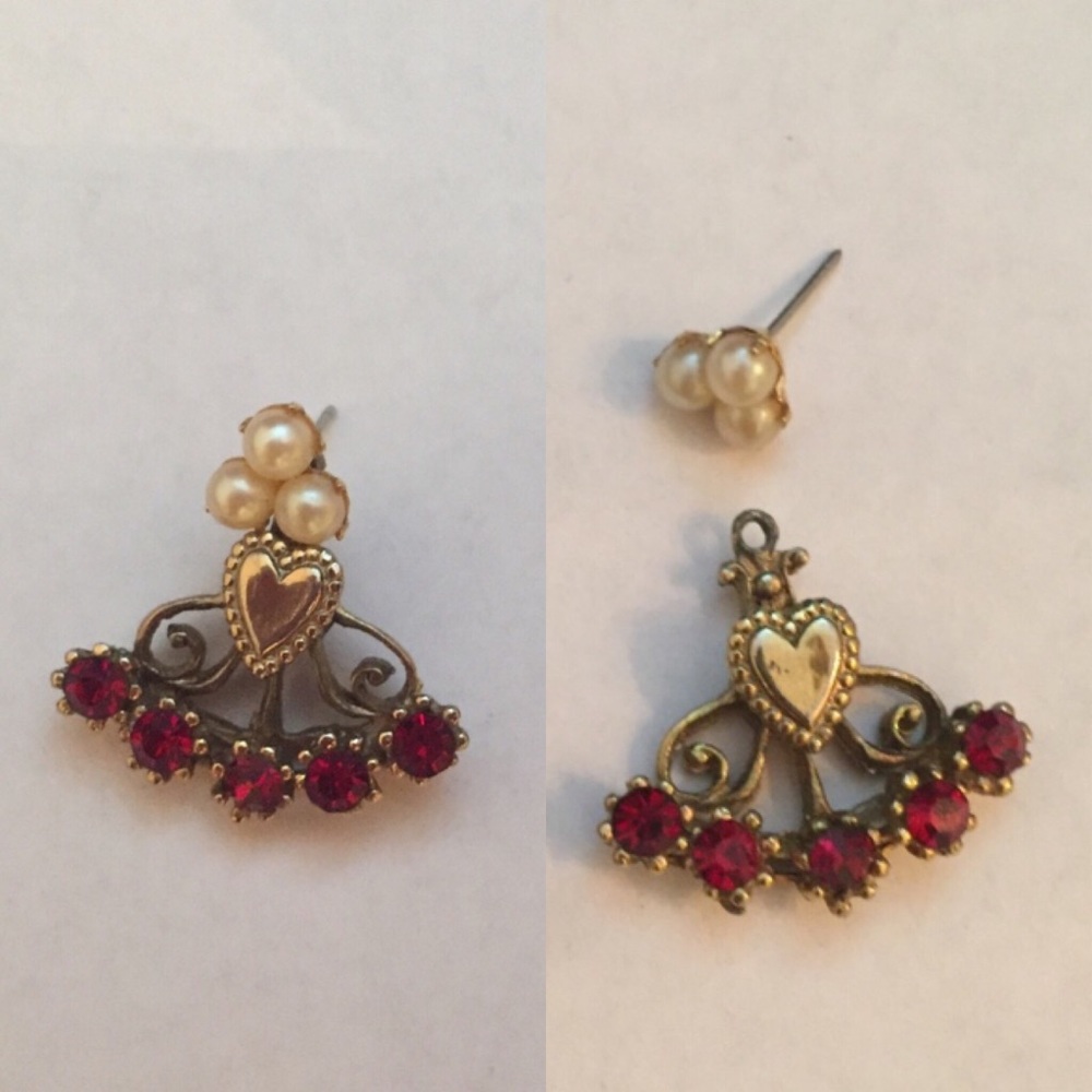 Vintage Pearl & Red Rhinestone Jacket Earrings